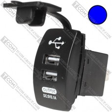 Гнездо USB двойное прямоугол. 5V 3,1А с синей подсветкой, врезное