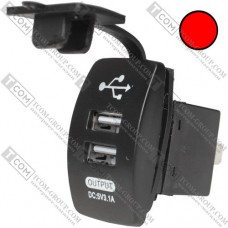 Гнездо USB двойное прямоугол. 5V 3,1А с красной подсветкой, врезное