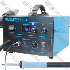 Паяльна станція 2в1 HandsKit 851D (паяльник T12 24V 72W+фен), OLed дисплей, 600W, 200-480°C, AC-220V