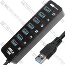 USB HUB на 7 портов USB 3.0, с выключателями и подсветкой + гнездо питания (в блистере)