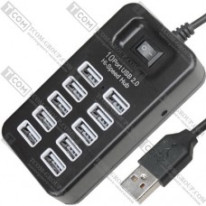 USB HUB на 10 портов USB 2.0, с выключателем, активный (в блистере)