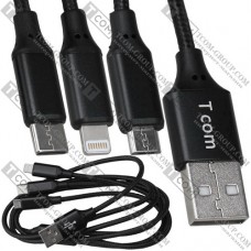 Шнур 3 в 1, штекер USB А - штекер miсro USB + штекер iPhone + штекер USB type C, сетка, 1.2м, чёрный