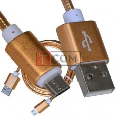 Шнур комп'ютерний TCOM, штекер USB А - штекер miсroUSB, металева ізоляція, Ø4.5мм, 1м, золотистий