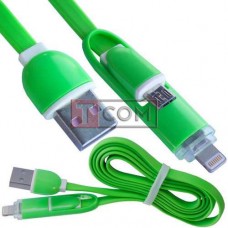 Шнур 2в1 TCOM, штекер USB А - штекер miсro USB + штекер iPhone6, зелёный, 1м, в блистере