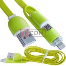 Шнур 2в1 TCOM, штекер USB А - штекер miсro USB + штекер iPhone6, салатовый, 1м, в блистере