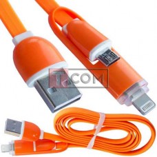 Шнур 2в1 TCOM, штекер USB А - штекер miсro USB + штекер iPhone6, оранжевый, 1м, в блистере