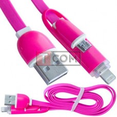 Шнур 2в1 TCOM, штекер USB А - штекер miсro USB + штекер iPhone6, розовый, 1м, в блистере