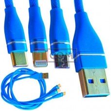 Шнур 3в1 TCOM, штекер USB А - штекер miсro USB + штекер Iphone + штекер USB type C, сетка, 1м, синий