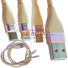 Шнур 3в1 TCOM, штекер USB А - штекер miсro USB + штекер Iphone + штекер USB type C, сетка, 1м, золотистый