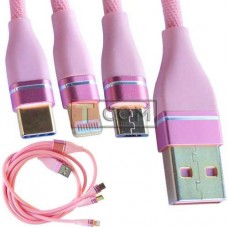 Шнур 3в1 TCOM, штекер USB А - штекер miсro USB + штекер Iphone + штекер USB type C, сетка, 1м, розовый