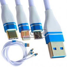 Шнур 3в1 TCOM, штекер USB А - штекер miсro USB + штекер Iphone + штекер USB type C, сетка, 1м, белый