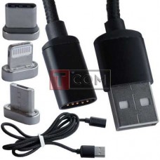 Шнур 3в1 TCOM, штекер USB А - штекер miсro USB + штекер Iphone + штекер USB type C, сменный, на магните, 1м