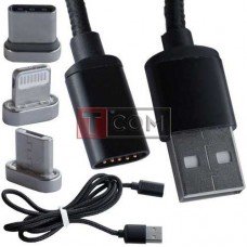 Шнур 3в1 TCOM, штекер USB А - штекер miсro USB + штекер Iphone + штекер USB type C, сменный, на магните, 1м