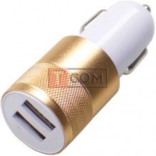 Автомобильная зарядка 2хUSB, 1A+2,1А, корпус металлический, позолоченная