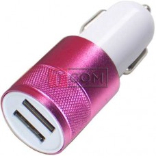 Автомобильная зарядка 2хUSB, 1A+2,1А, корпус металлический, розовая