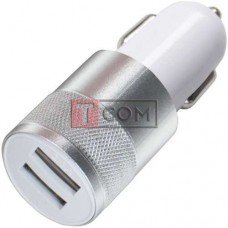 Автомобільна зарядка 2хUSB, 1A+2.1А, корпус металевий, срібна