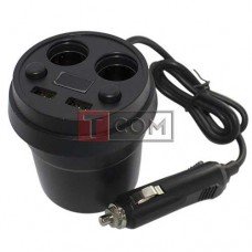 Автомобільна зарядка "стакан" TCOM, 2 гнізда прикурювача + 2 гнізда USB 3.1а + дисплей, з кабелем 65см