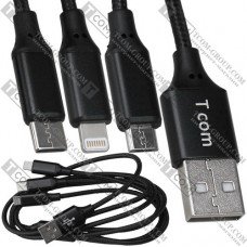 Шнур 3 в 1, штекер USB А - штекер miсro USB + штекер iPhone + штекер USB type C, сетка, 1.2м, чёрный