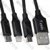 Шнур 3 в 1, штекер USB А - штекер miсro USB + штекер iPhone + штекер USB type C, сетка, 1.2м, чёрный