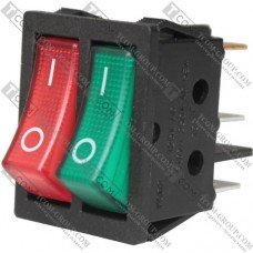 Перемикач Daier KCD2-4-2101N, подвійний, з підсвічуванням, ON-OFF, 6pin, 15A 250V, червоний+зелений