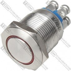 Кнопка антивандальная Daier GQ-19BS-10EM , с подсветкой, OFF-(ON), без фиксации, 4pin (под винт), 3A 250V, красная