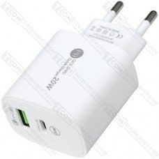 Сетевое зарядное устройство гнездо USB + гнездо USB type C, QC 3.0+ PD, 20W, 5V~3.5A, 9V~2A, 12V~1.5A, белое