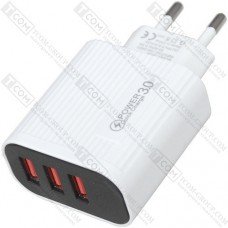Сетевое зарядное устройство на 3 гнезда USB + LCD, QuickCharge 3.0, 5V~3А, белое